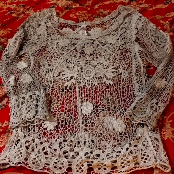 Noble crochet long sleeve open knit top.  Grey/blue size S/M - Picture 1 of 6
